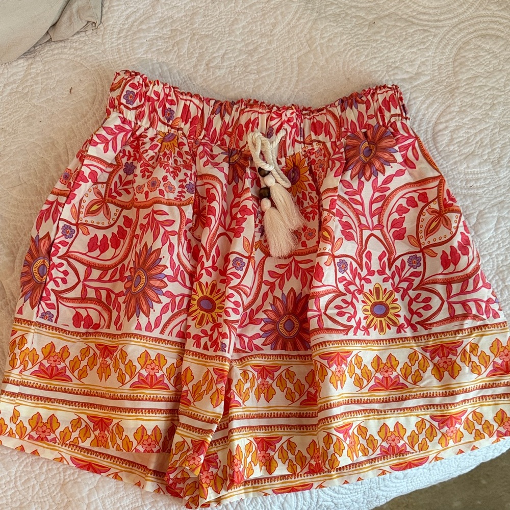 Olivaceous Cream Shorts with Pink, Orange & Yellow Floral Print